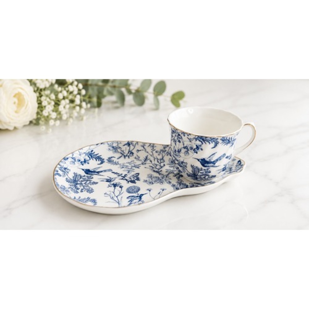 Grace Teaware Blue Hummingbird Porcelain Tea Cup and Snack Plate Set Gold Trim